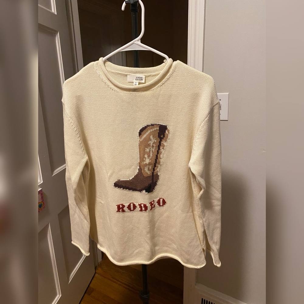 Cream 'Rodeo' Crewneck Sweater with Cowboy Boot Graphic